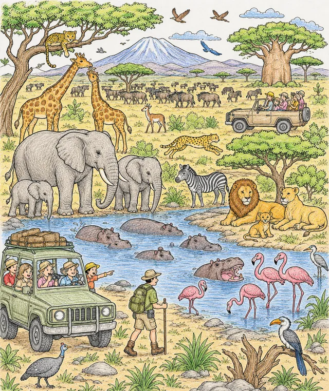Wimmelbild einer afrikanischen Savanne mit Löwen, Elefanten, Giraffen, Zebras und Safari-Jeeps