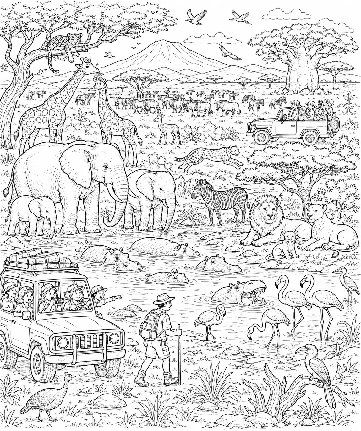 Wimmelbild einer afrikanischen Savanne mit Löwen, Elefanten, Giraffen, Zebras und Safari-Jeeps
