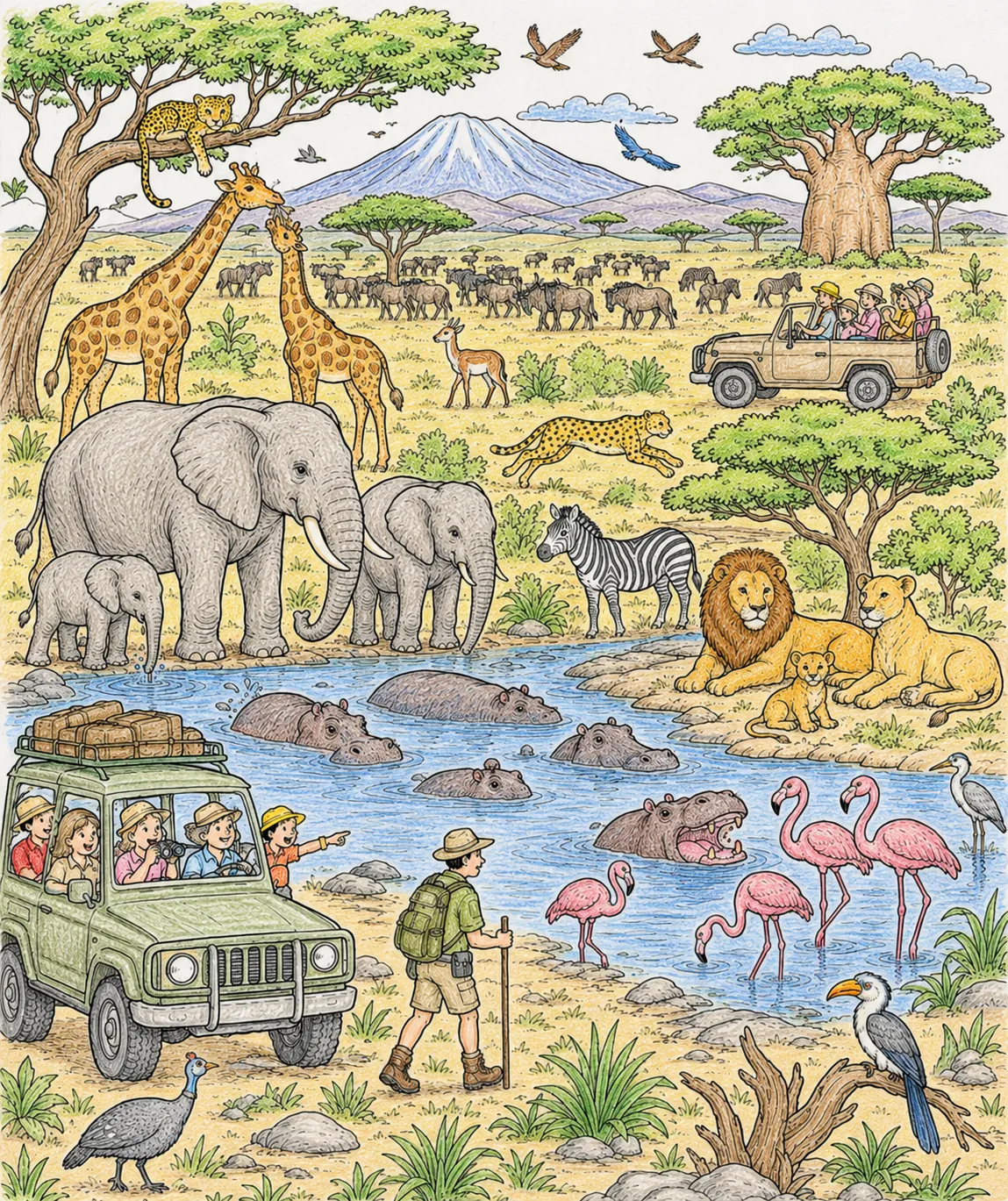 Wimmelbild: Afrikanische Safari-Savanne mit Löwen, Elefanten und mehr