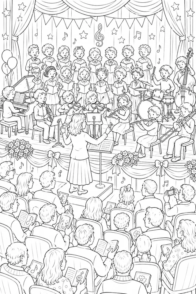 Wimmelbild: Großes Schulkonzert im Musiksaal