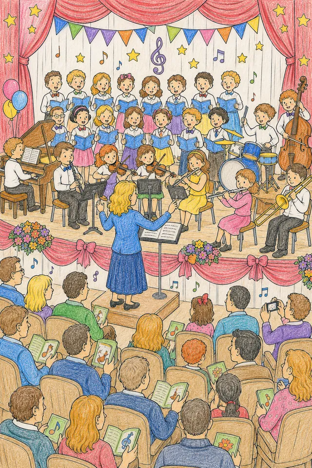 Ausmalbild: Wimmelbild eines Schulkonzerts mit Kindern auf der Bühne und stolzen Eltern im Publikum