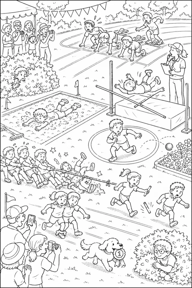 Wimmelbild: Schulsporthochfest mit vielen Sportdisziplinen gleichzeitig auf dem Gelände