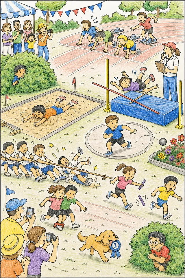Wimmelbild eines Schulsporthochfestes mit Fehlstart, Tauziehen, Dreibeinlaufen und vielen lustigen Szenen
