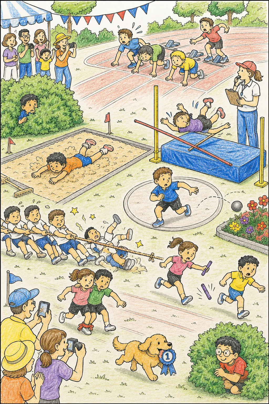 Wimmelbild: Schulsporthochfest mit vielen Sportdisziplinen gleichzeitig auf dem Gelände