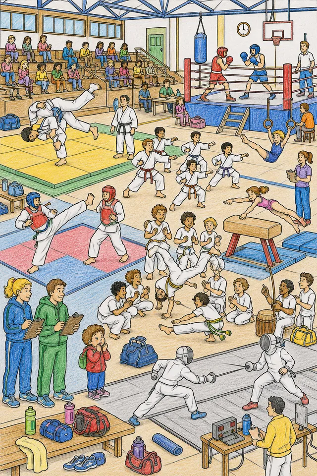 Wimmelbild einer Sporthalle mit gleichzeitigen Kampfsport-Disziplinen wie Judo, Karate, Turnen und Boxen