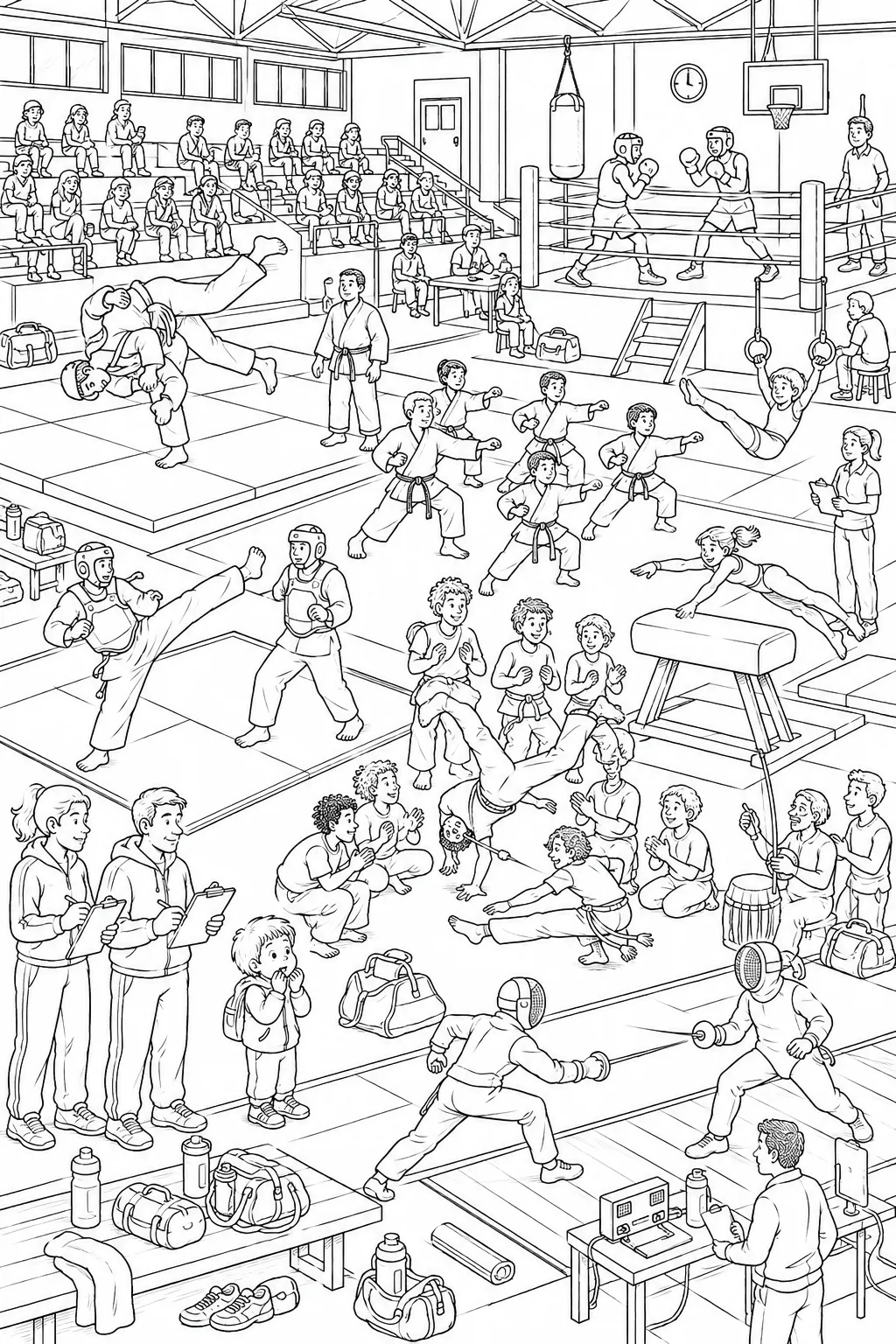 Wimmelbild de pabellón deportivo con disciplinas de artes marciales simultáneas como judo, karate, gimnasia y boxeo