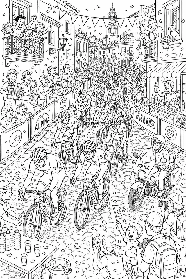 Wimmelbild: Stadtradrennen durch belebte Altstadtgassen