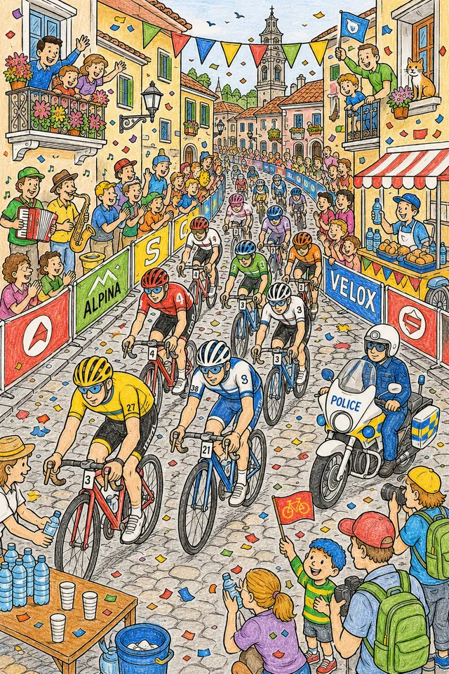 Wimmelbild eines Stadtfahrradrennens durch kopfsteingepflasterte Altstadtgassen mit Zuschauern auf Balkonen