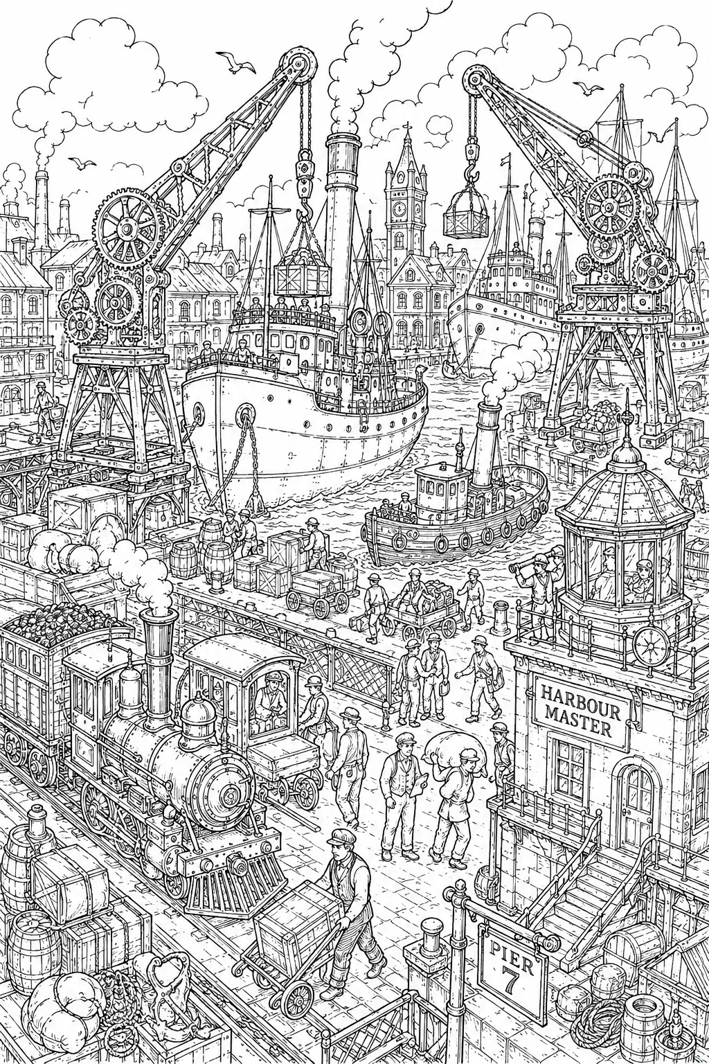 Wimmelbild-Ausmalseite: Viktorianischer Steampunk-Hafen mit Dampfschiffen, Kränen und Arbeitern