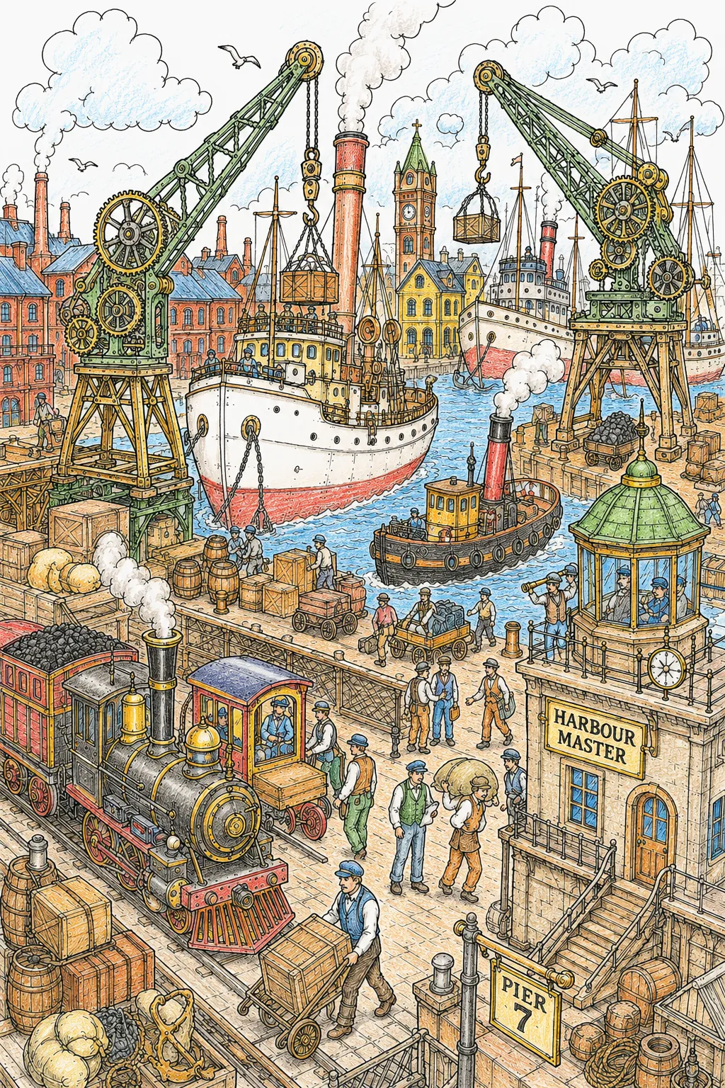 Wimmelbild: Steampunk-Hafen mit Dampfschiffen und Kränen
