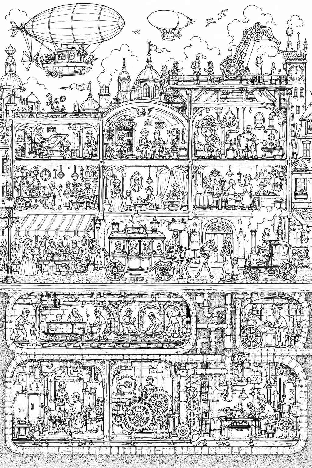Ausmalseite Wimmelbild: Querschnitt einer Steampunk-Stadt von Untergrundtunneln bis zu Dach-Luftschiffandockstationen, viktorianische Figuren auf allen Ebenen