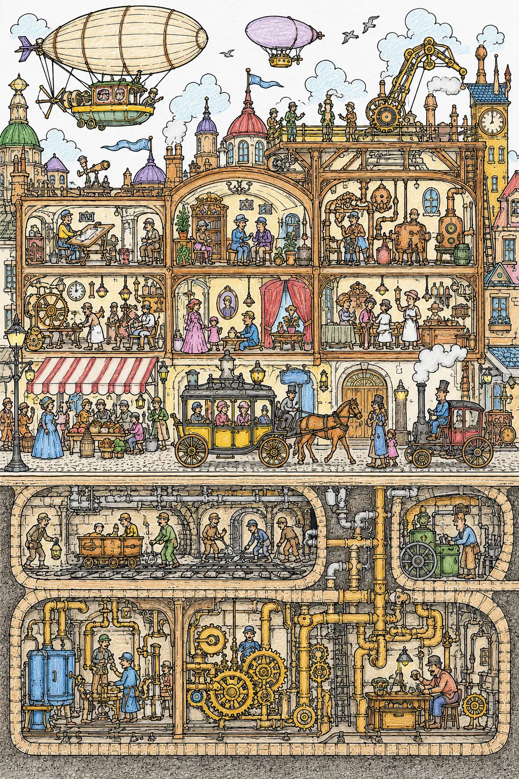 Wimmelbild: Steampunk-Stadt im Querschnitt