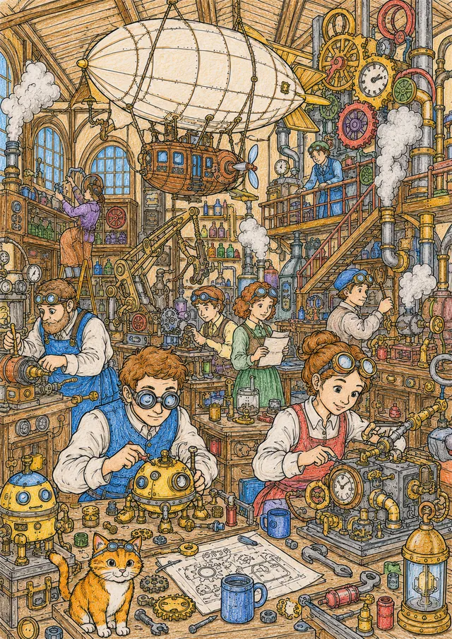 找找图：充满发明家的蒸汽朋克工坊 – 涂色效果预览
