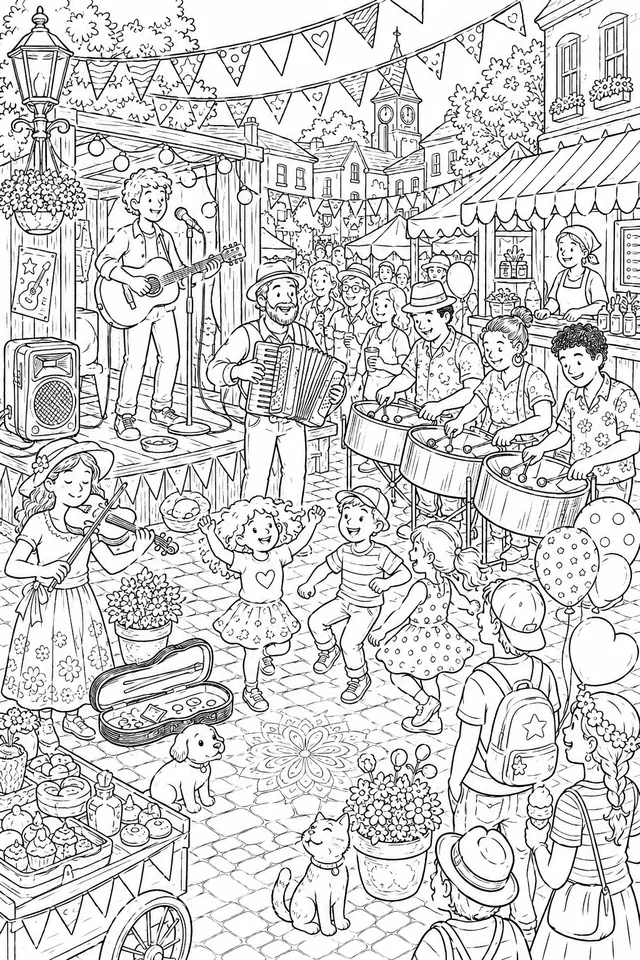Wimmelbild: Buntes Straßenmusikfestival