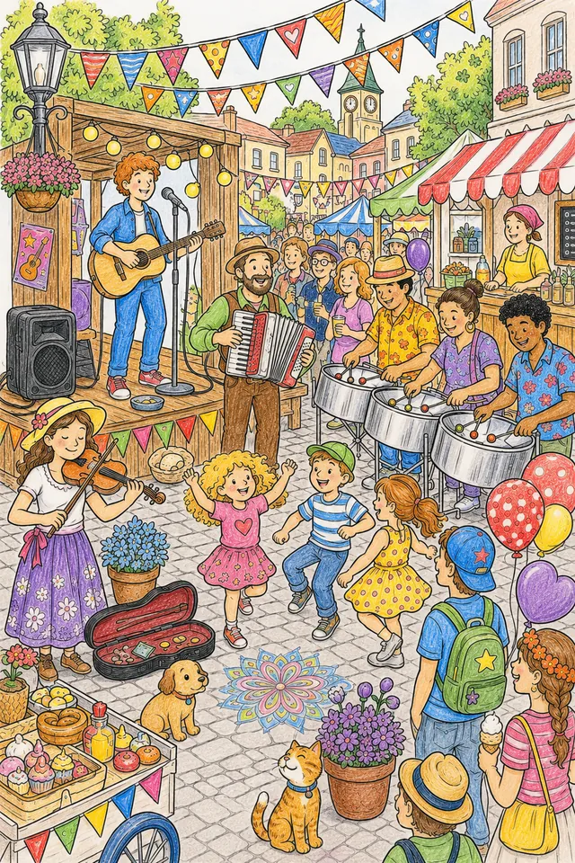 Ausmalbild: Wimmelbild eines bunten Straßenmusikfestivals mit Gitarrist, Akkordeon, Steel Drum und Menschenmenge