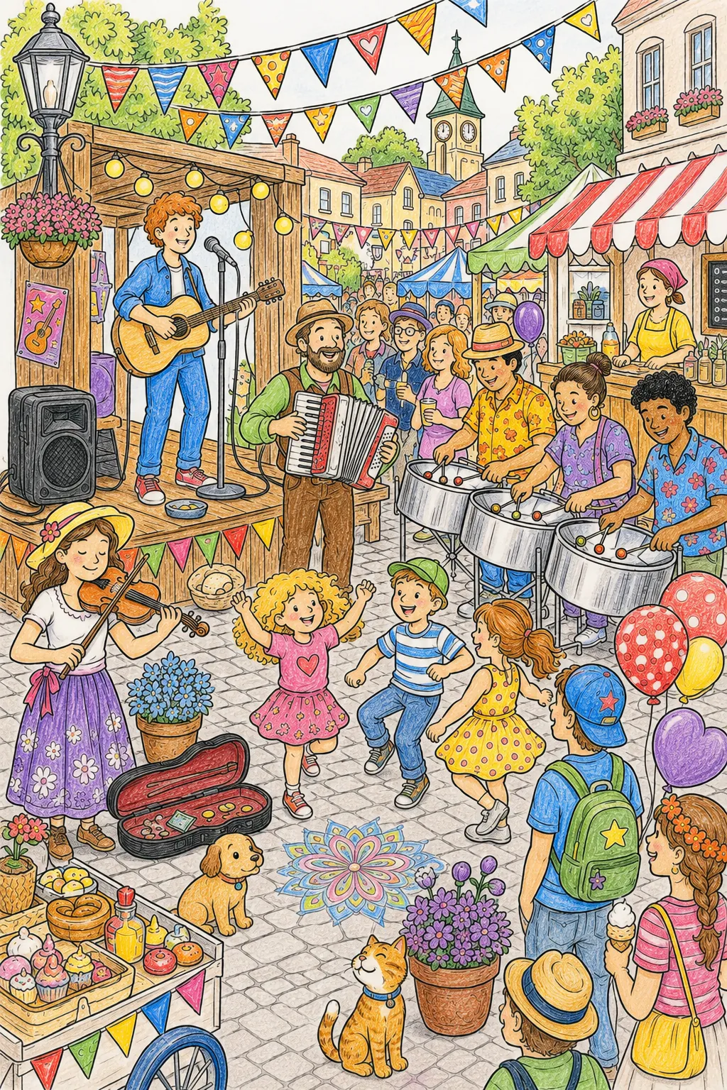 Wimmelbild: Buntes Straßenmusikfestival