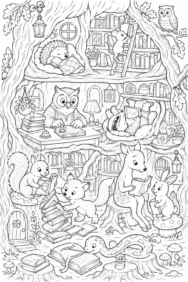 Wimmelbild: Die Tierbibliothek der Waldschule mit Lesenden und Suchenden