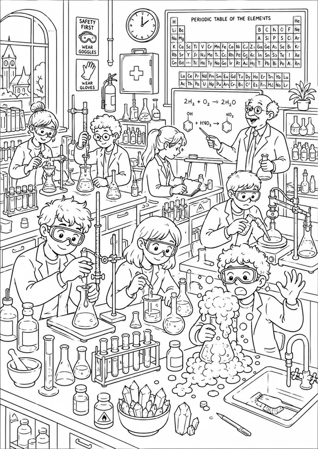 Wimmelbild: Großes Chemielabor der Universität mit Studierenden