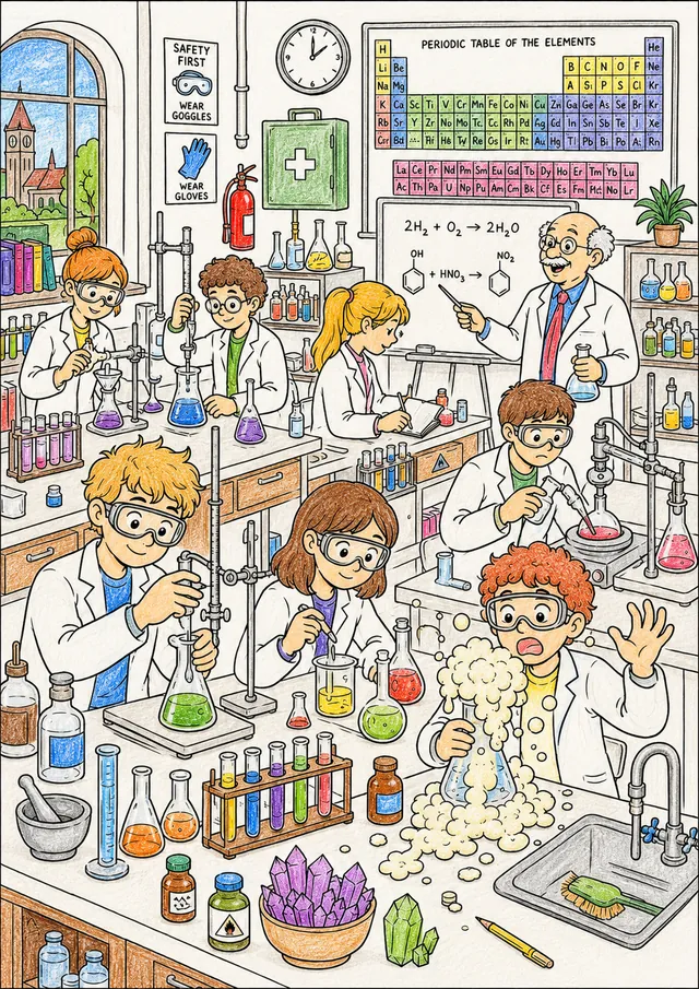 Ausmalseite: Wimmelbild eines Uni-Chemielabors mit Studierenden, die Destillation und Titration durchführen, Professor vorne, Periodensystem und Glaswaren überall