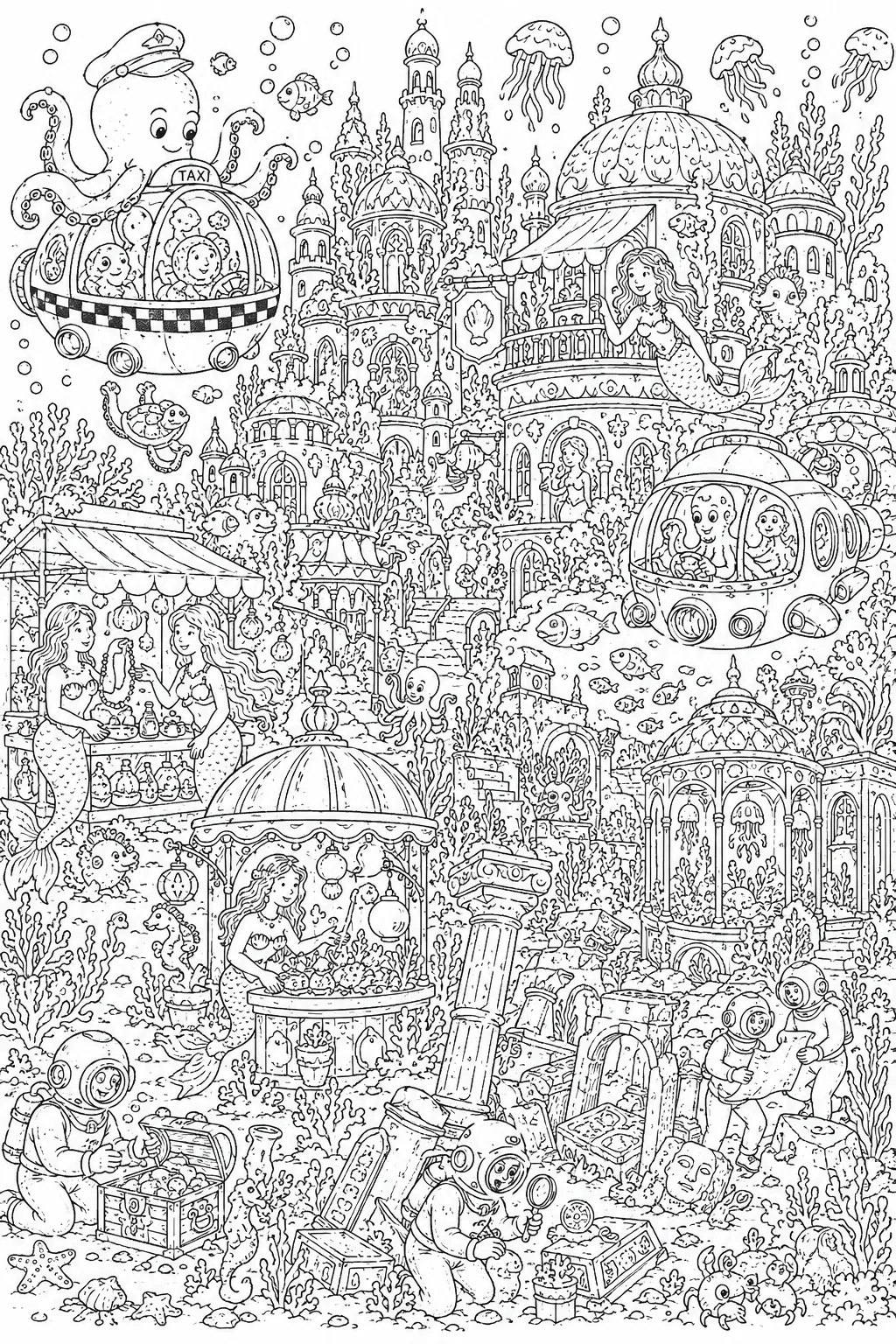Wimmelbild einer fantastischen Unterwasserstadt mit Meerjungfrauen, Tauchern und Tintenfischen
