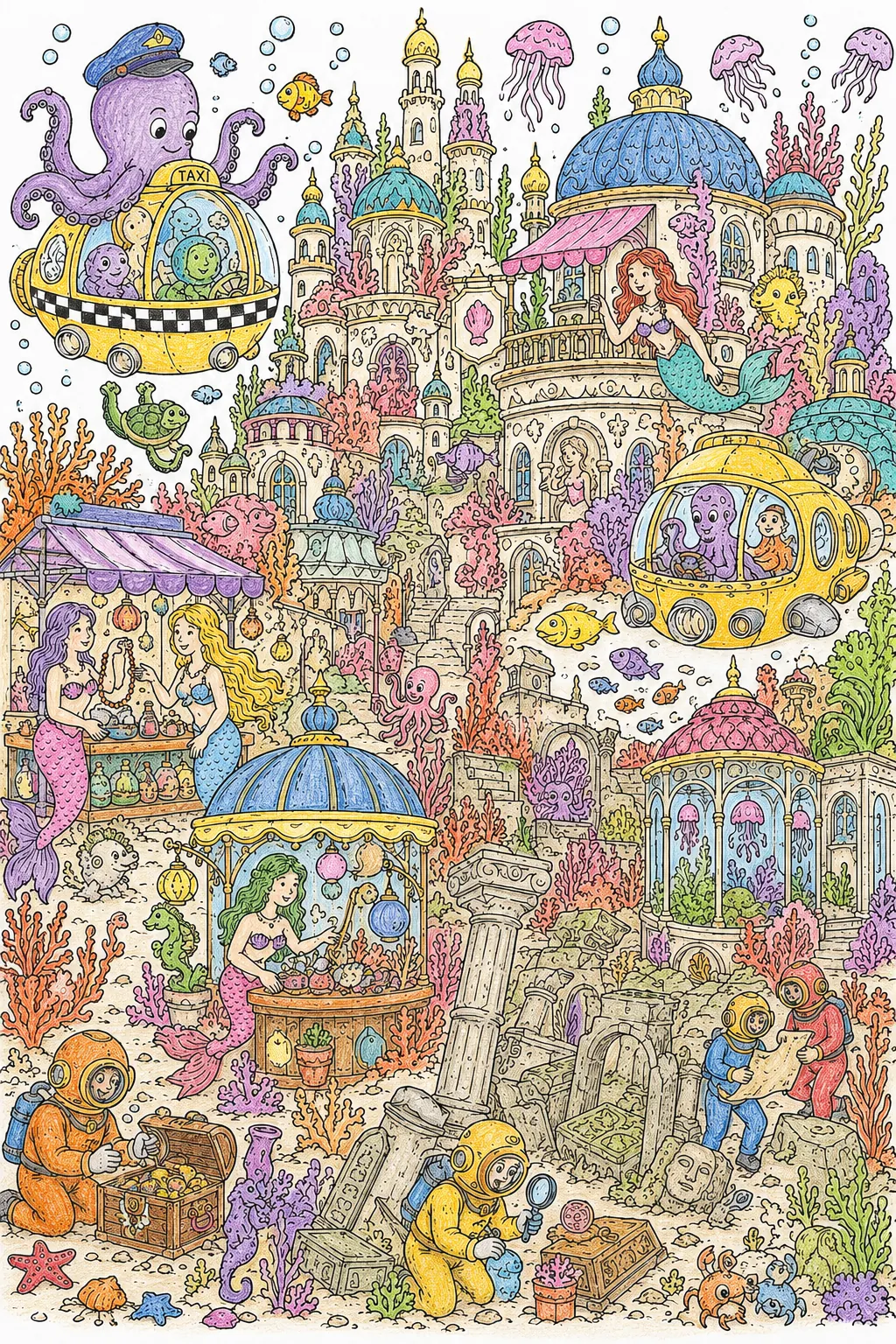 Wimmelbild: Fantastische Unterwasserstadt mit Meereswesen und Tauchern