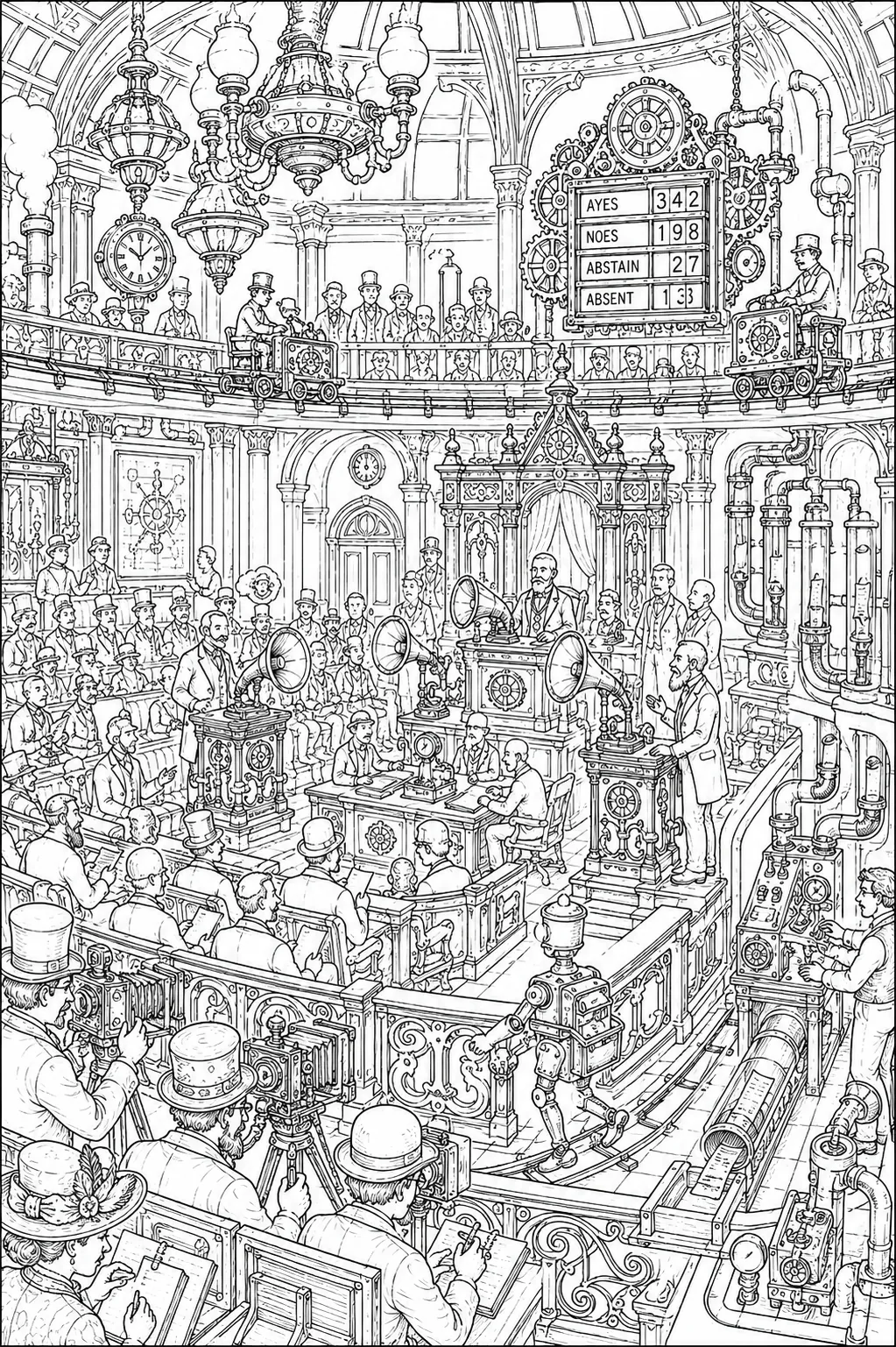 Colouring page: wimmelbild of a Victorian steampunk parliament with mechanical podiums and dozens of figures