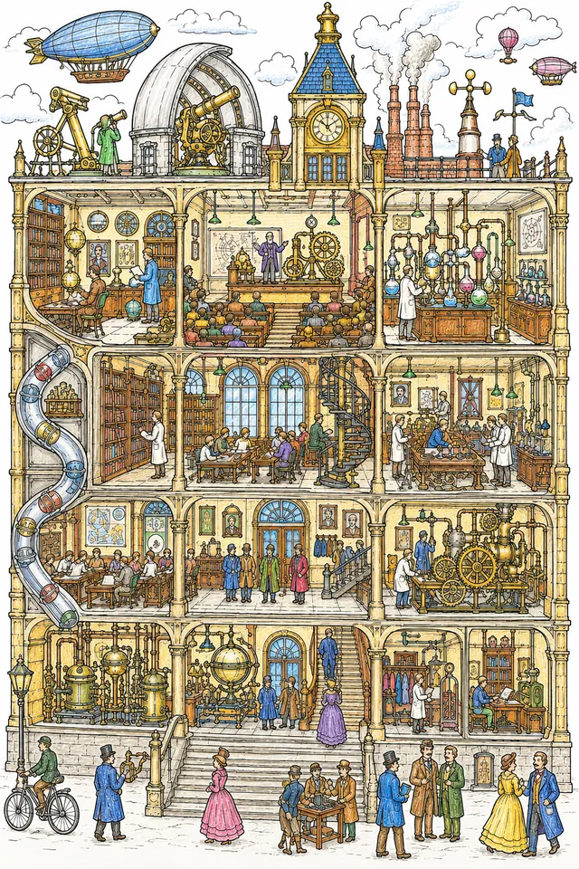 Wimmelbild: Viktorianische Universität mit Steampunk-Labors – So könnte es aussehen