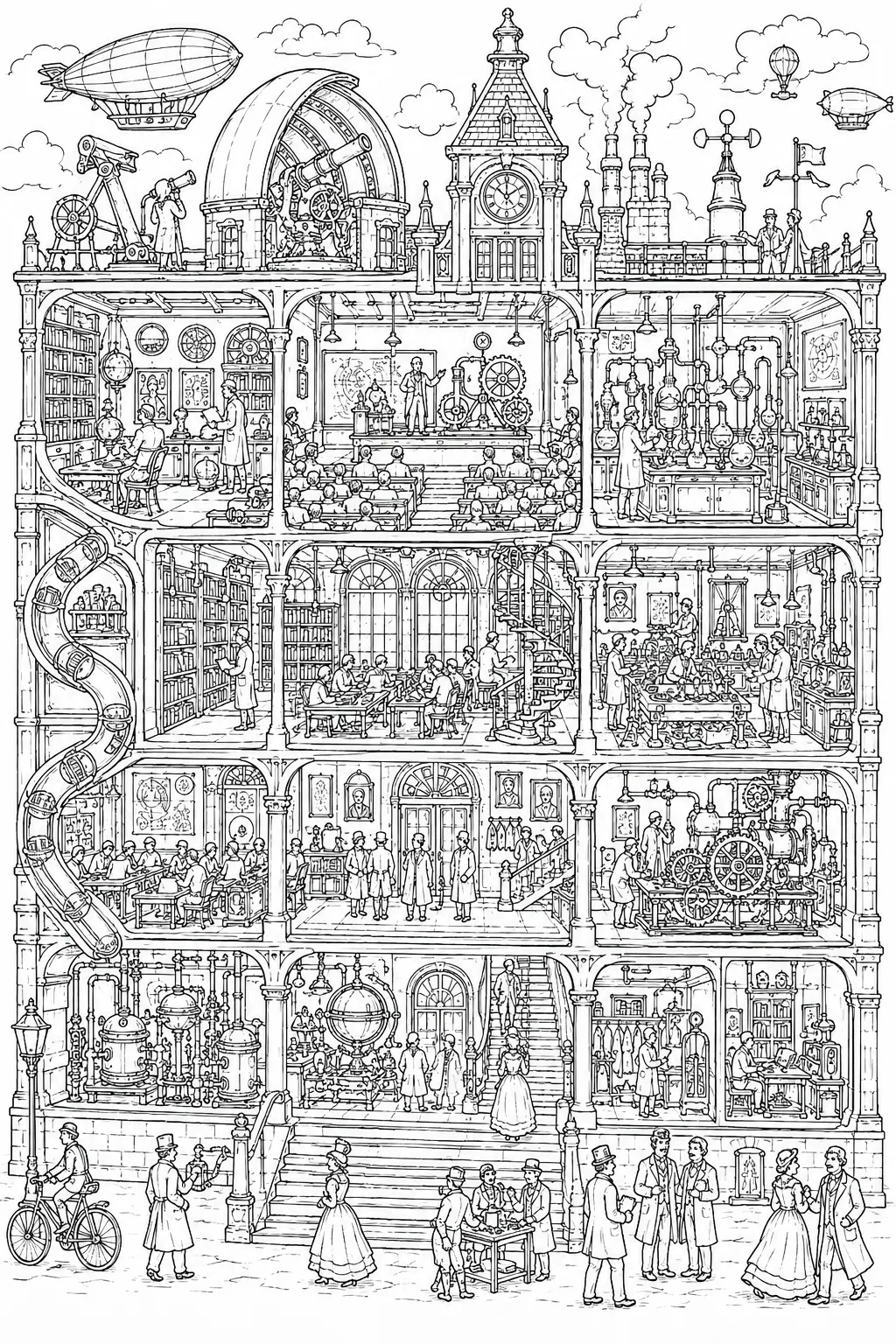 Wimmelbild-Ausmalseite: Viktorianisches Steampunk-Universitätsgebäude im Querschnitt mit Labors und Hörsaal
