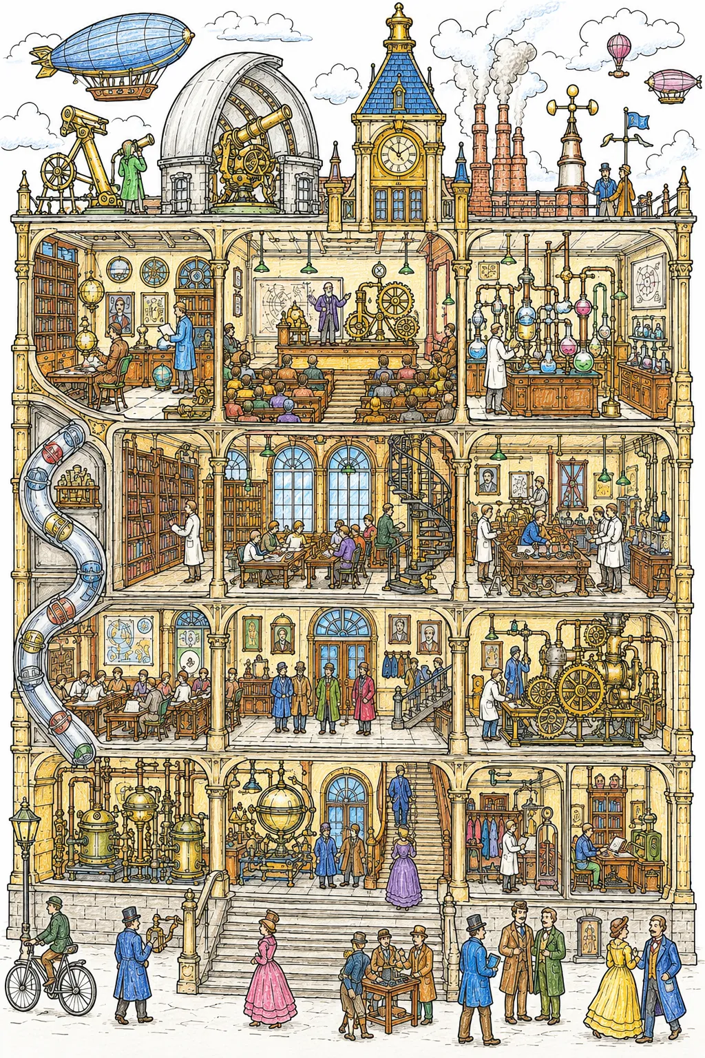 Wimmelbild: Viktorianische Universität mit Steampunk-Labors