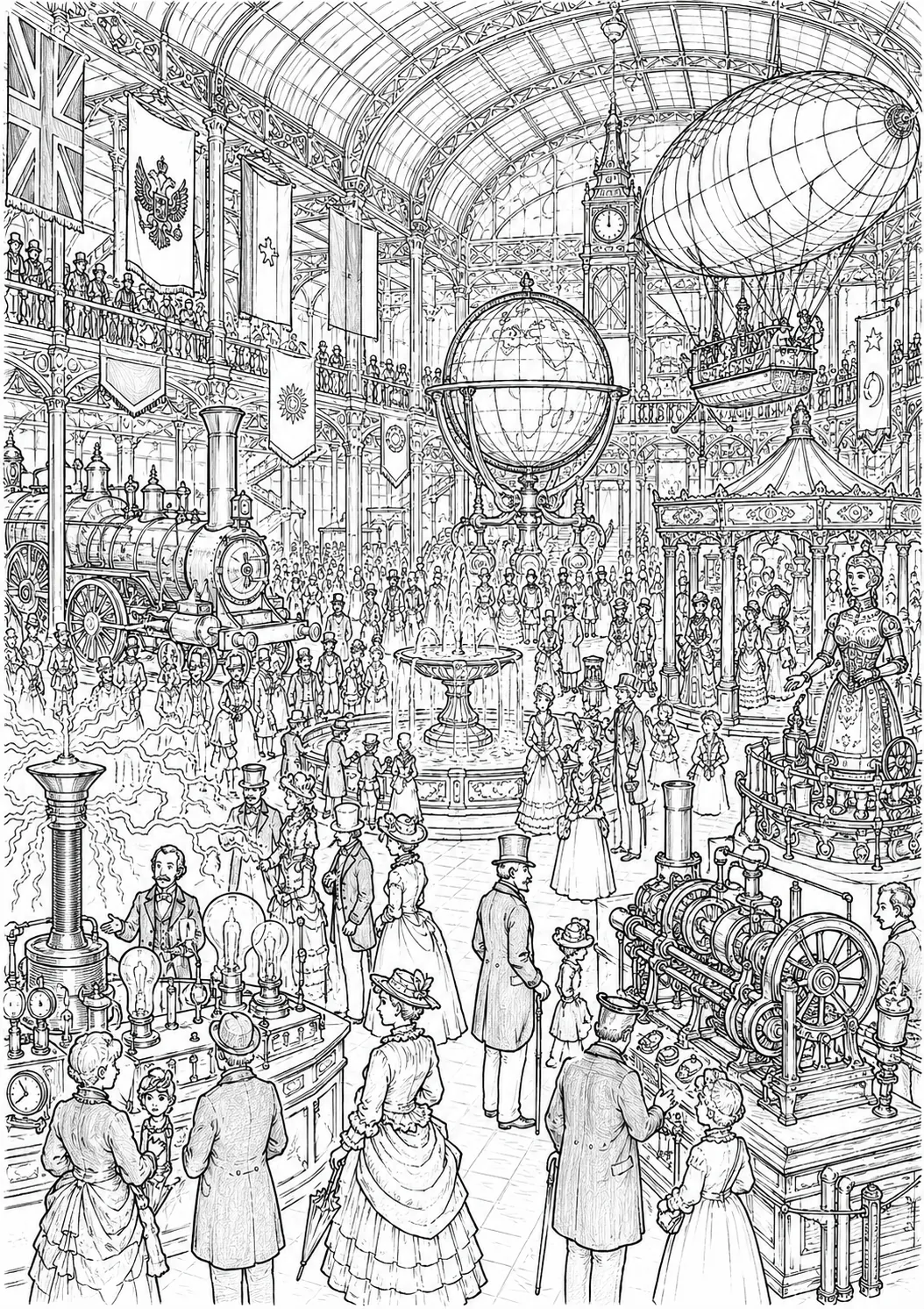 Ausmalseite Wimmelbild: Viktorianische Weltausstellungshalle mit Dampfmaschinen, Automaten und Besuchermassen in historischer Kleidung