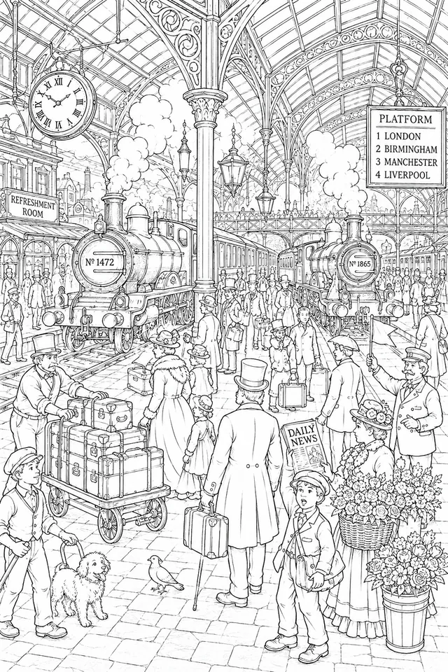 Wimmelbild: Viktorianischer Bahnhof mit Dampfloks