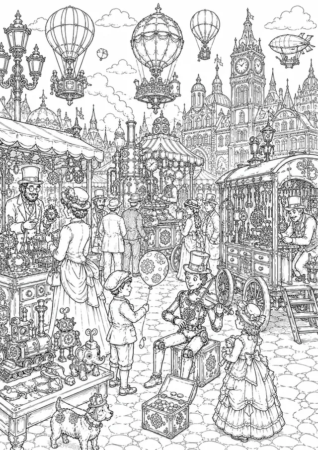 Wimmelbild: Viktorianischer Marktplatz mit Steampunk-Händlern