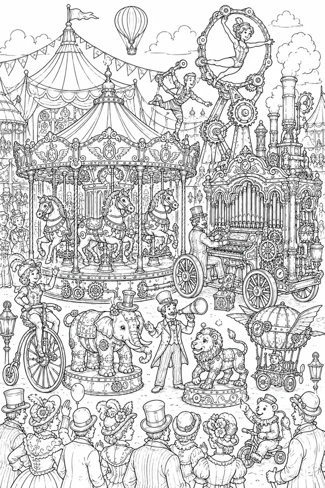 Wimmelbild: Viktorianischer Zirkus mit mechanischen Attraktionen
