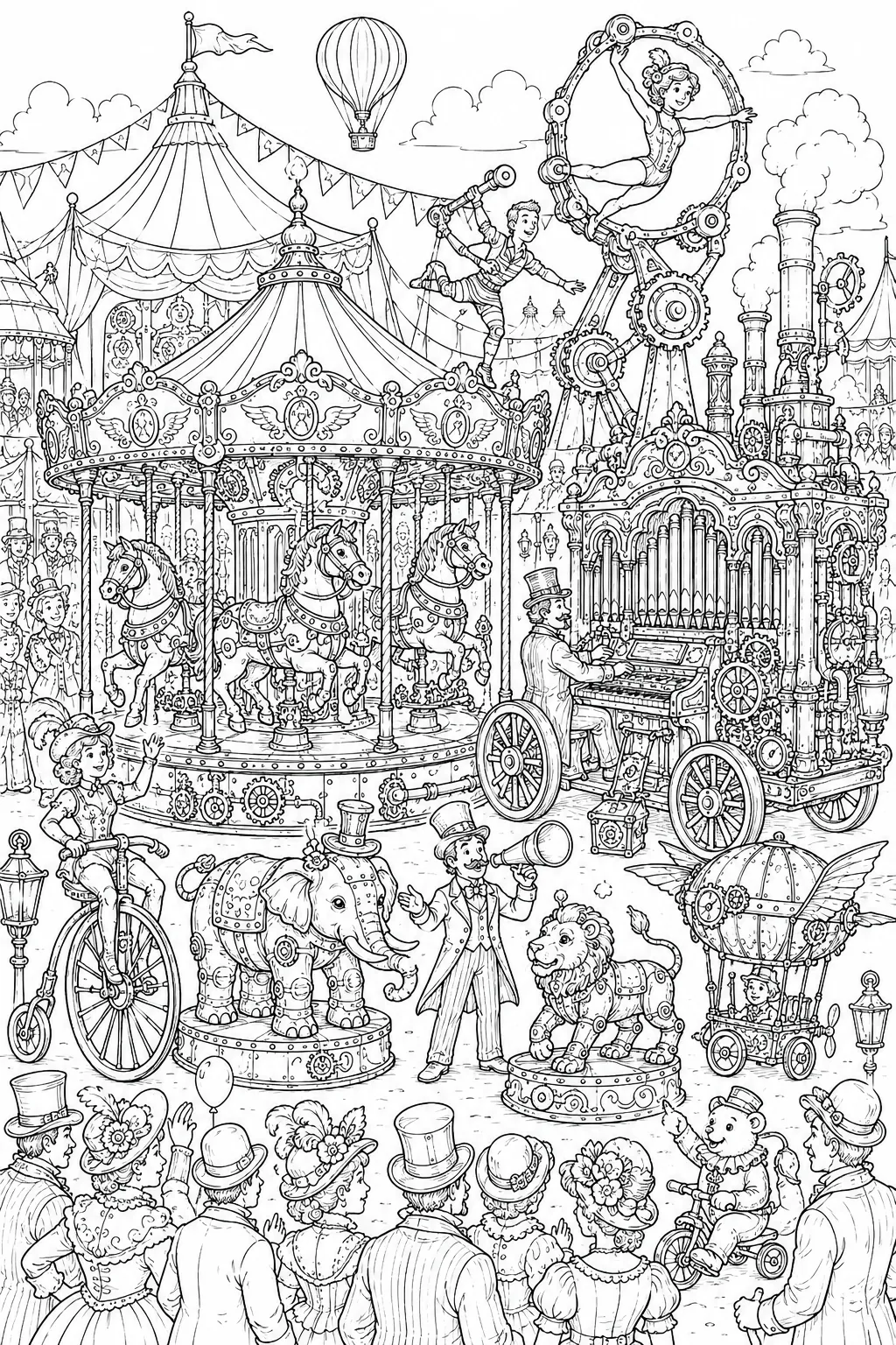 Wimmelbild-Ausmalseite: Viktorianischer Steampunk-Zirkus mit mechanischen Maschinen und Akrobaten