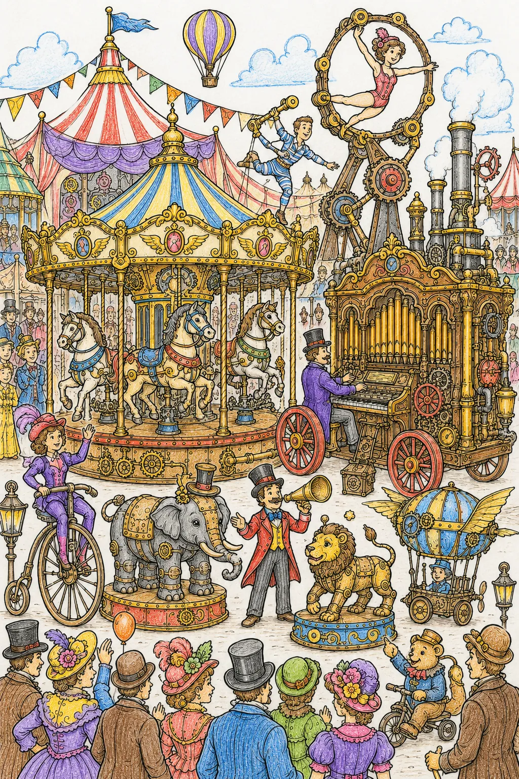 Wimmelbild: Viktorianischer Zirkus mit mechanischen Attraktionen