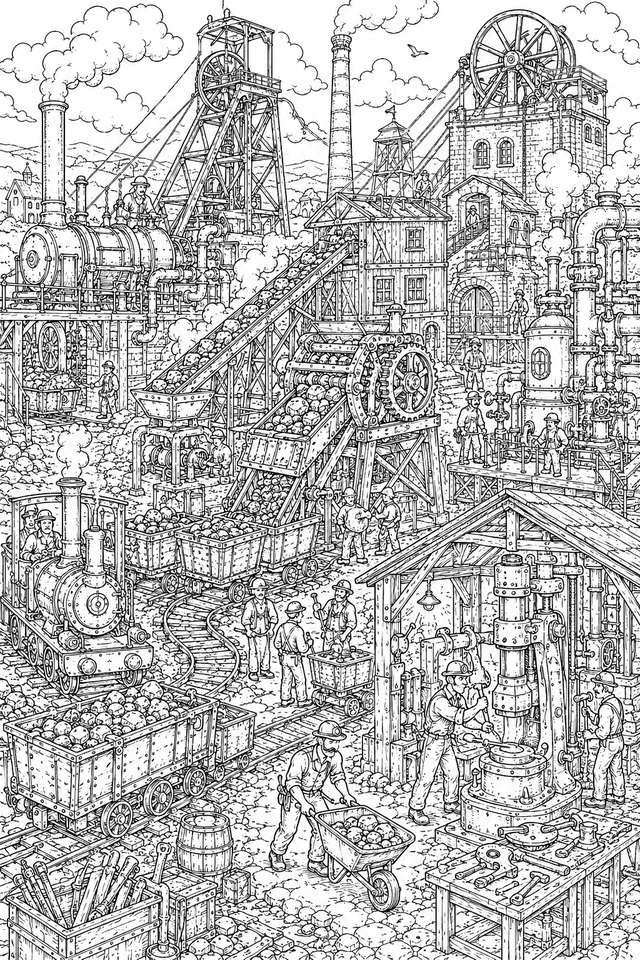 Wimmelbild: Viktorianische Bergwerk-Anlage mit Dampfmaschinen