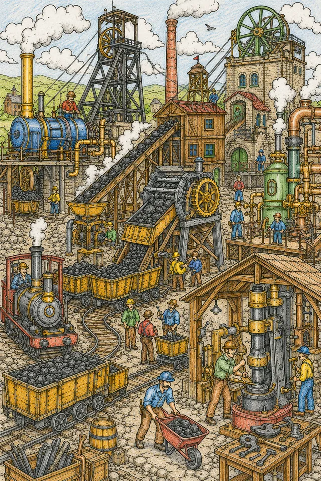 Wimmelbild-Ausmalseite: Viktorianische Bergwerk-Anlage mit Dampfmaschinen, Bergleuten und Schachtförderung