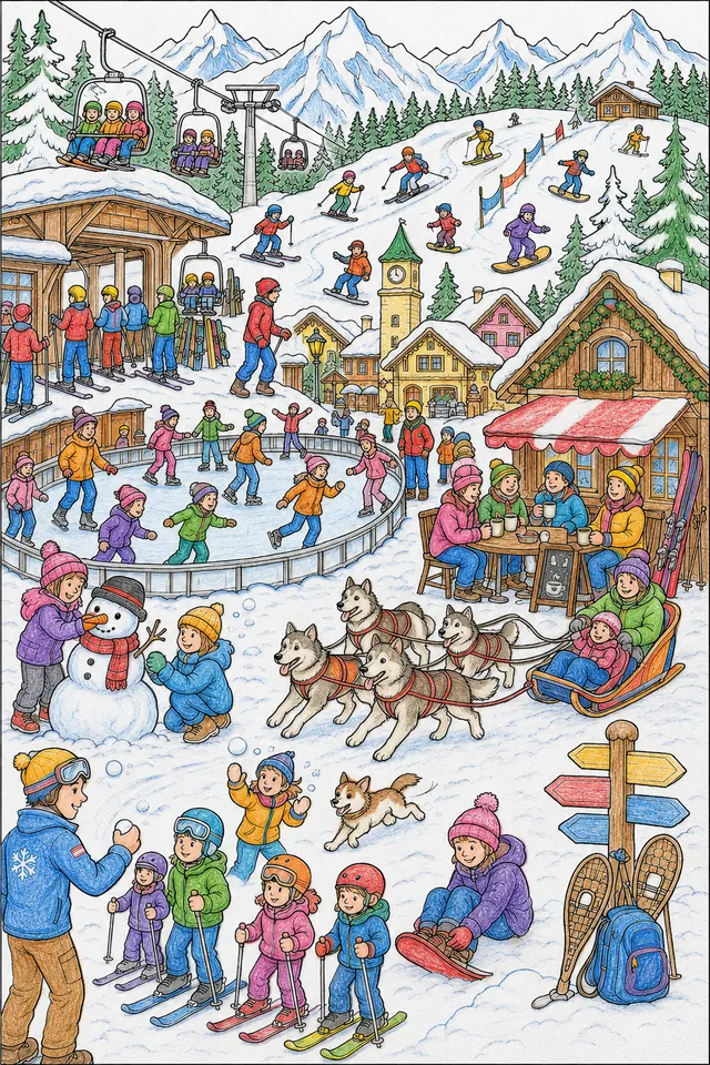 Wimmelbild eines alpinen Wintersportdorfes mit Skifahrern, Schlittenhunden, Eisrink und Bergschutzhütte