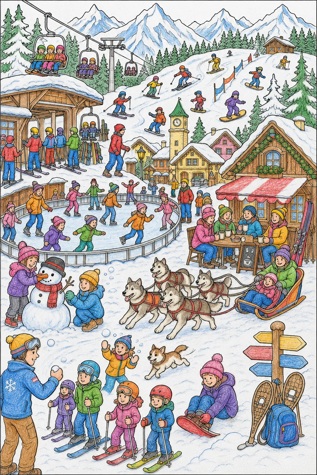 Wimmelbild: Belebtes Wintersportdorf mit Skipisten und Après-Ski