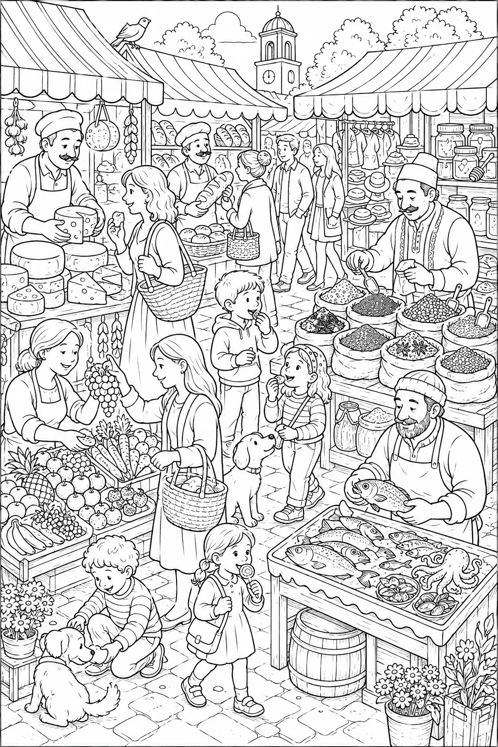 Ausmalseite Wimmelbild: Wochenmarkt mit vielen Ständen, Händlern, Kunden, Kindern und Hunden