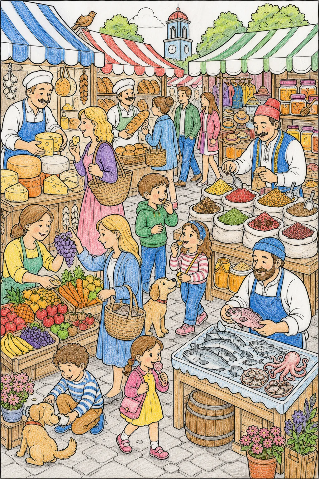 Wimmelbild: Wochenmarkt voller Delikatessen