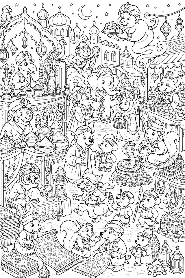 1001 Nights Bazaar Scene with Animals and Traders