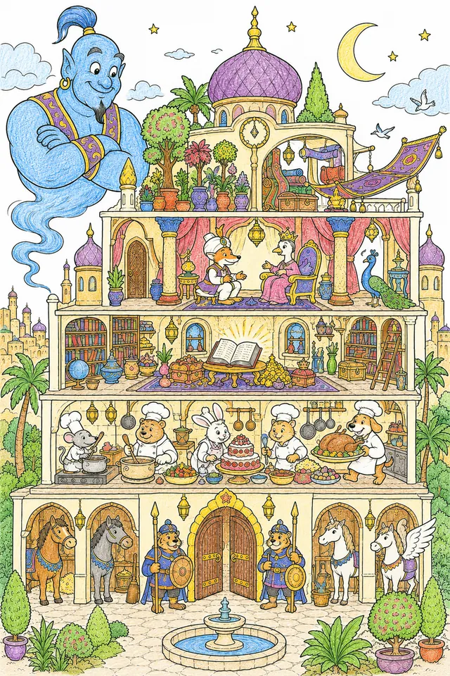 Ausmalbild: Querschnitt des Aladin-Palastes mit fünf gleichzeitig sichtbaren Stockwerken voller Aktivitäten