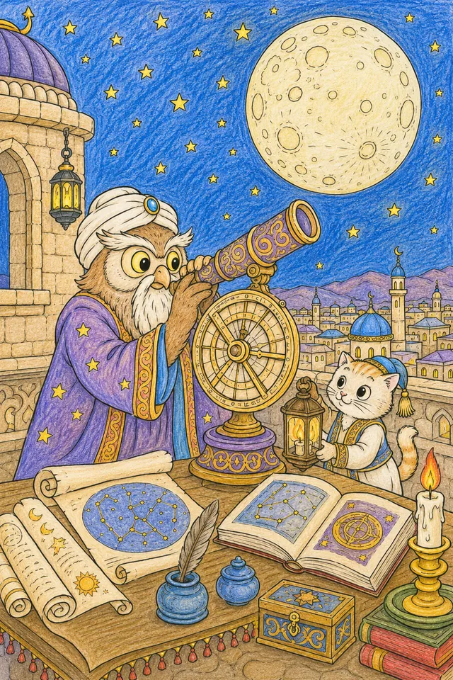 Ausmalbild: Alter Eulen-Astronom auf Turm-Observatorium schaut durch Astrolabium auf den riesigen Mond