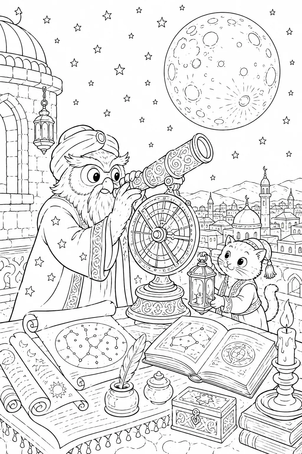 涂色页：塔楼天文台上的老猫头鹰天文学家通过星盘看巨大的月亮