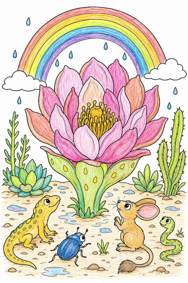 Ausmalbild: Große Wüstenblume blüht nach Regen auf, Eidechse und Käfer schauen ehrfürchtig zu
