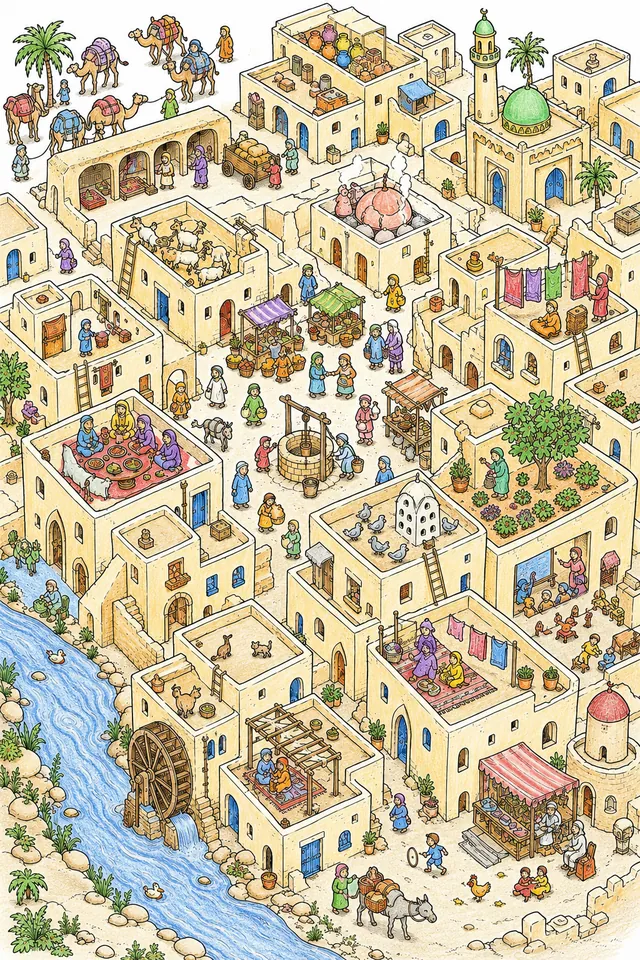Ausmalbild: Wüstendorf von oben mit Brunnen, Markt, Häusern und Tieren auf den Dachterrassen