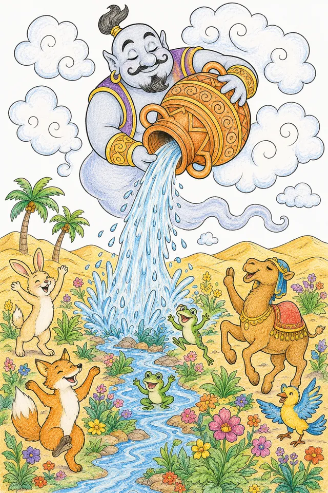 涂色页：精灵高飞，从罐子中将雨倒在沙漠上，沙漠立刻盛开