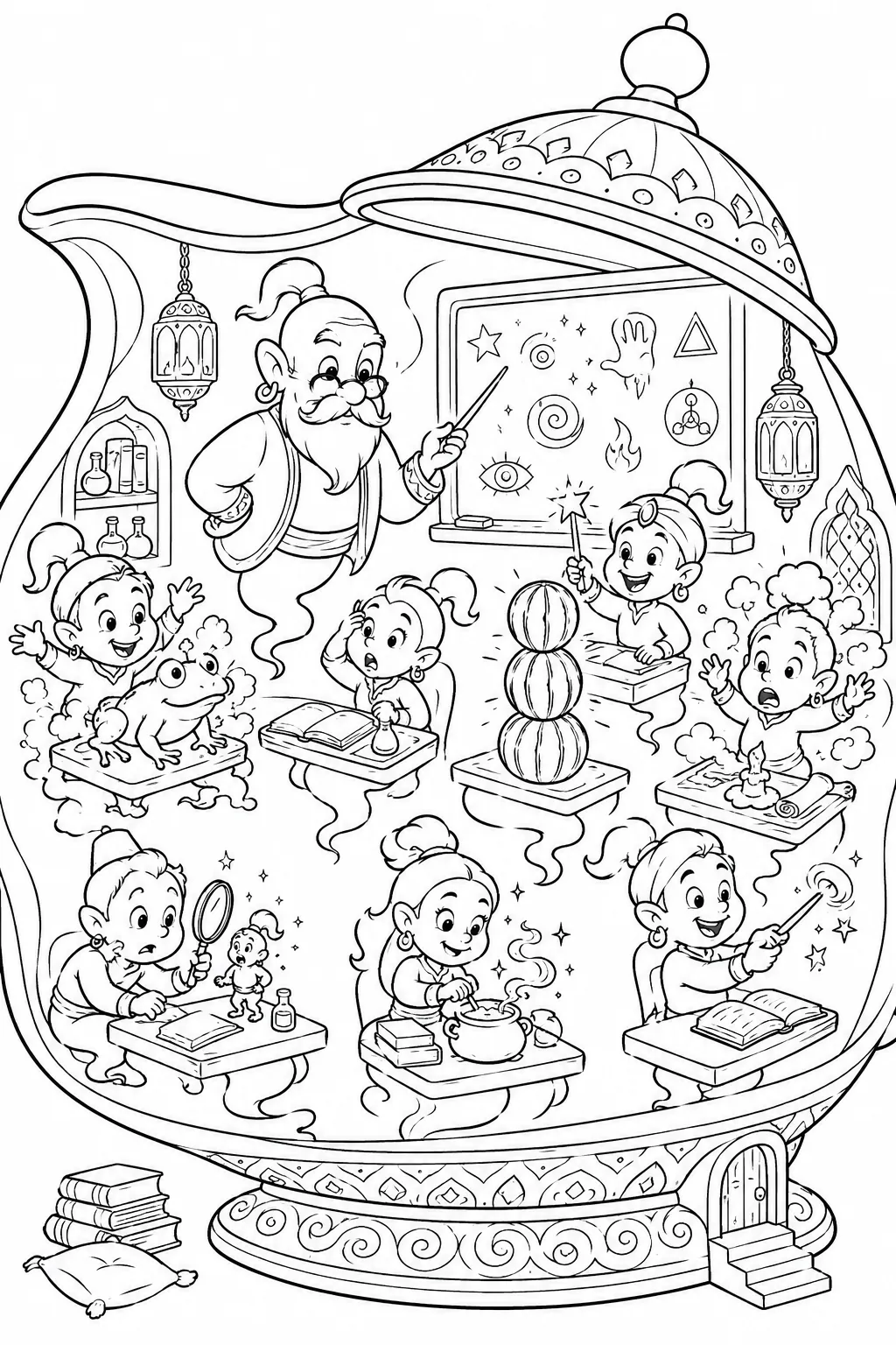 Colorear: pequeña aula de genios dentro de una lámpara con caóticos experimentos de aprendizaje de magia de los estudiantes