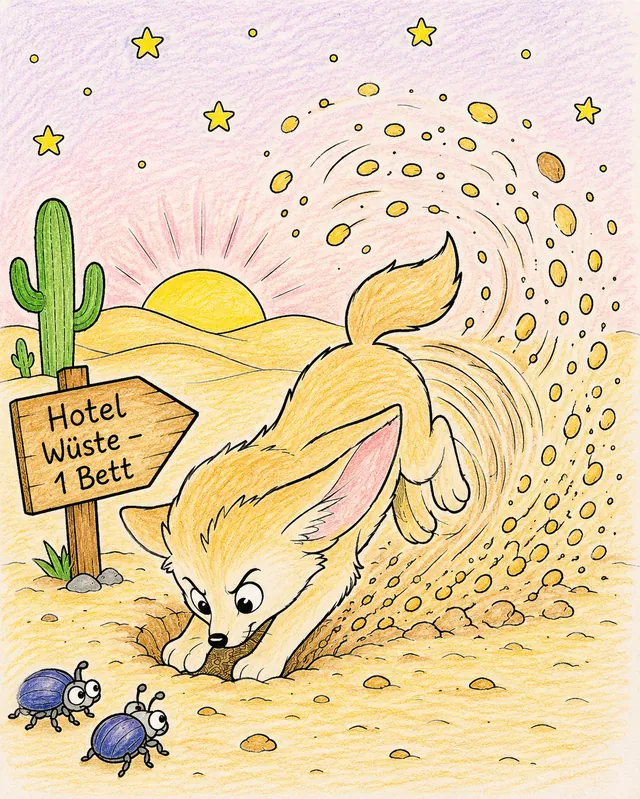 Ausmalbild: Kleiner Fennec-Fuchs gräbt blitzschnell ein Loch im Wüstensand, dabei fliegt der Sand hoch